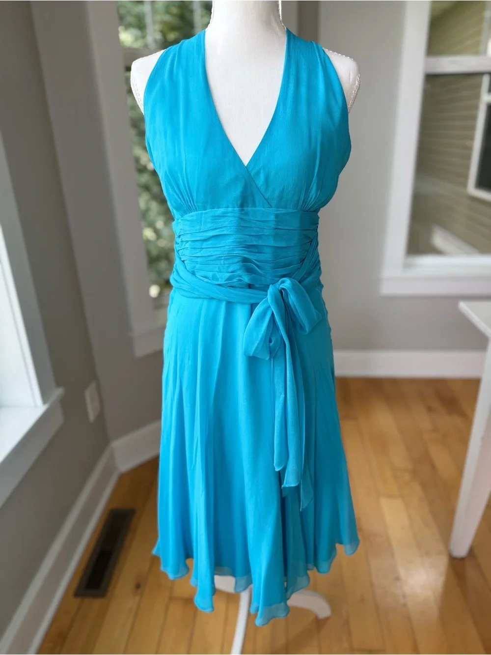 Maggy London Turquoise Silk Halter V-Neck Midi Dress Sz 14